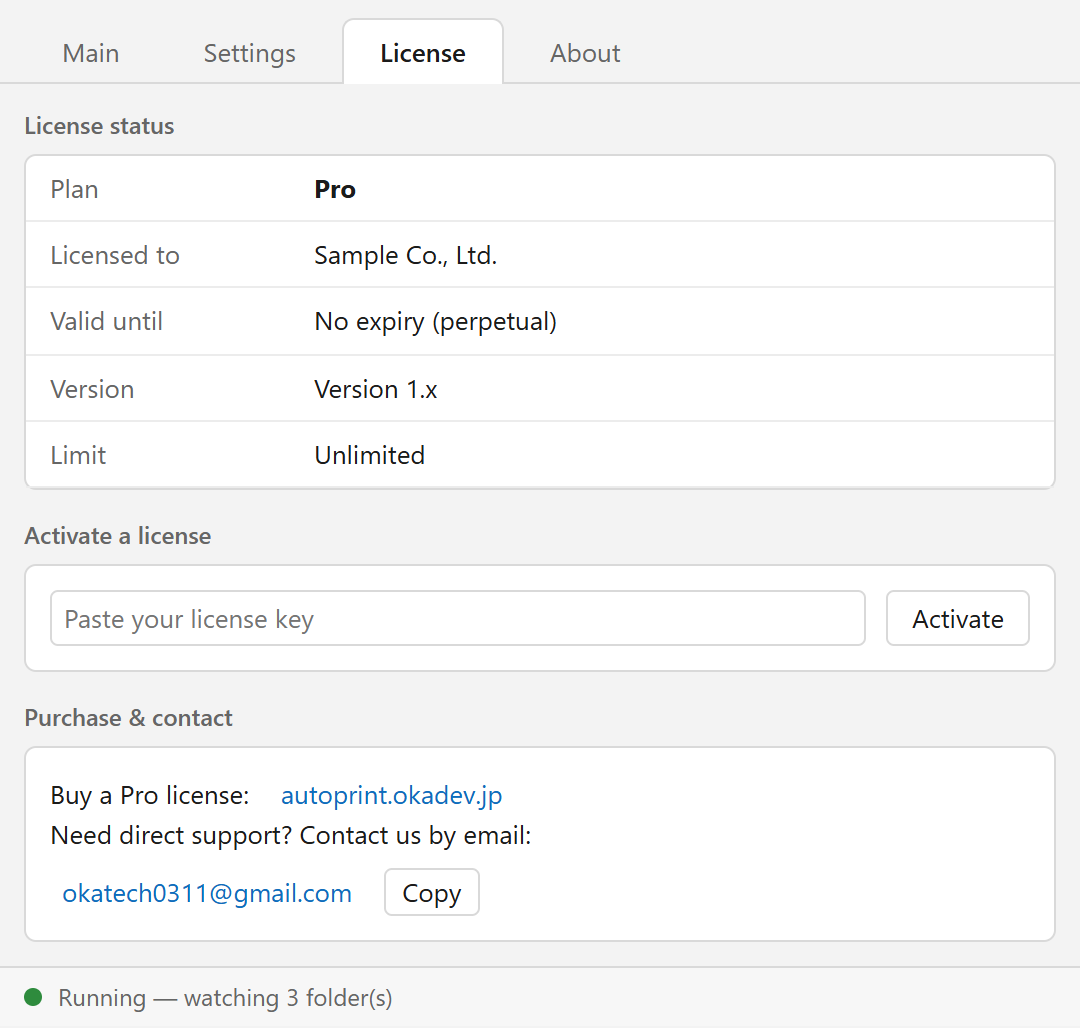 License tab (Pro)