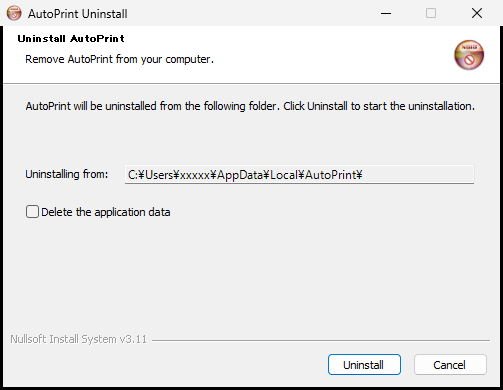 The uninstall page (the user name is hidden in this image)